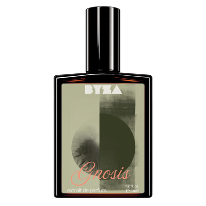 A bottle of BYZA Snosis extrait de parfum with a black glass body and cap, featuring a label with a beige and dark green abstract design and coral script text.