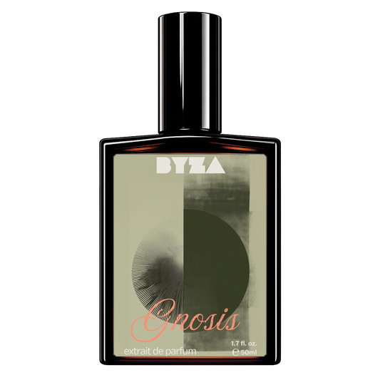 A bottle of BYZA Snosis extrait de parfum with a black glass body and cap, featuring a label with a beige and dark green abstract design and coral script text.