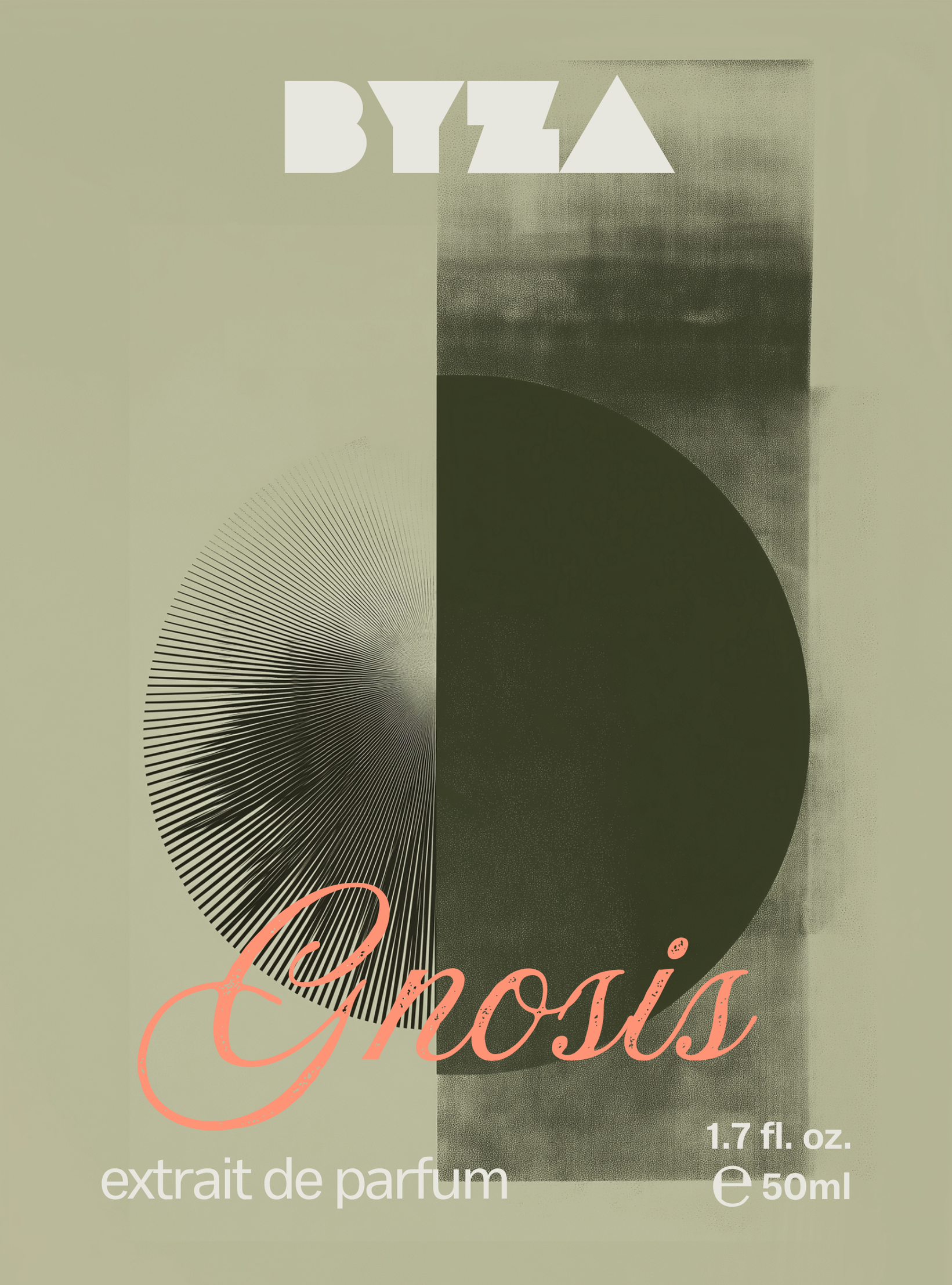A perfume packaging label for BYZA Extrait de Parfum, named 'Gnosis'. The design features a muted olive-green background with a vertical split graphic: the left side shows a circular pattern of fine radiating lines, and the right side is a dark olive-green solid circle.