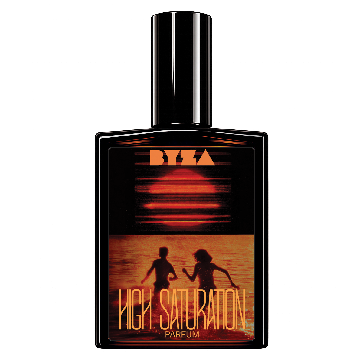BYZA perfume bottle with a glossy black cap and a label featuring a sunset scene with two silhouetted figures and the 'BYZA' logo and 'HIGH SATURATION PARFUM'.