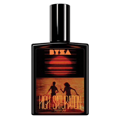BYZA perfume bottle with a glossy black cap and a label featuring a sunset scene with two silhouetted figures and the 'BYZA' logo and 'HIGH SATURATION PARFUM'.