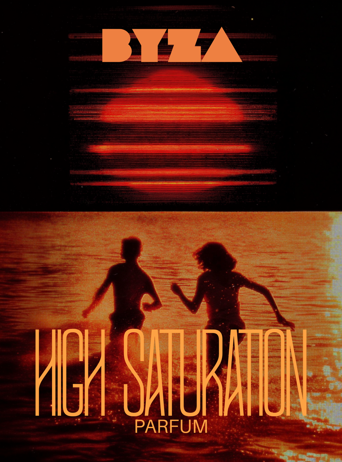 HIGH SATURATION perfume label design with the BYZA logo at the top, a large orange sun over water, two silhouetted figures running through the water.