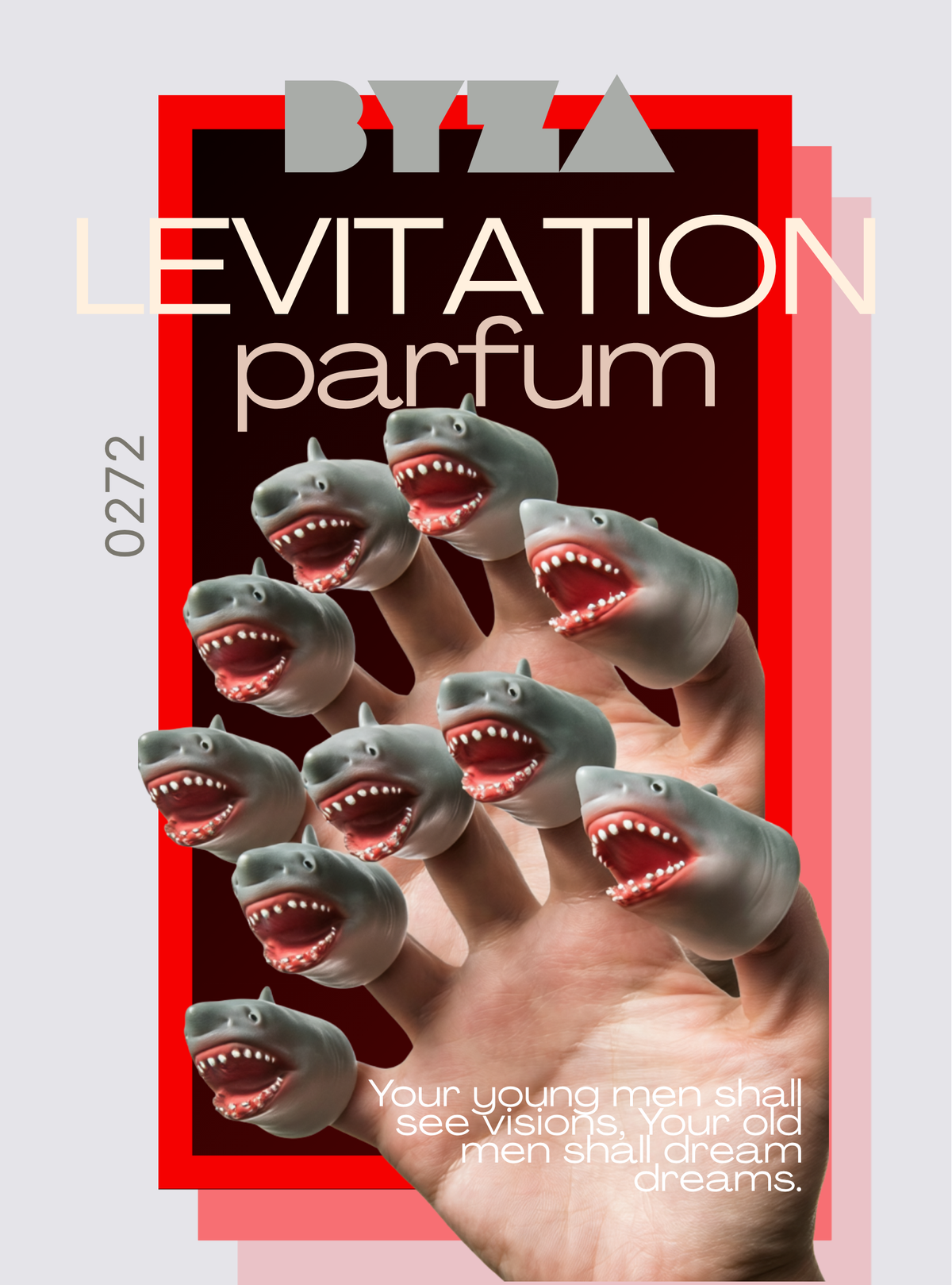 A perfume advertisement graphic for 'BYZA Levitation Parfum' featuring a hand with shark-head fingers, set against a dark red and pink background with white text.