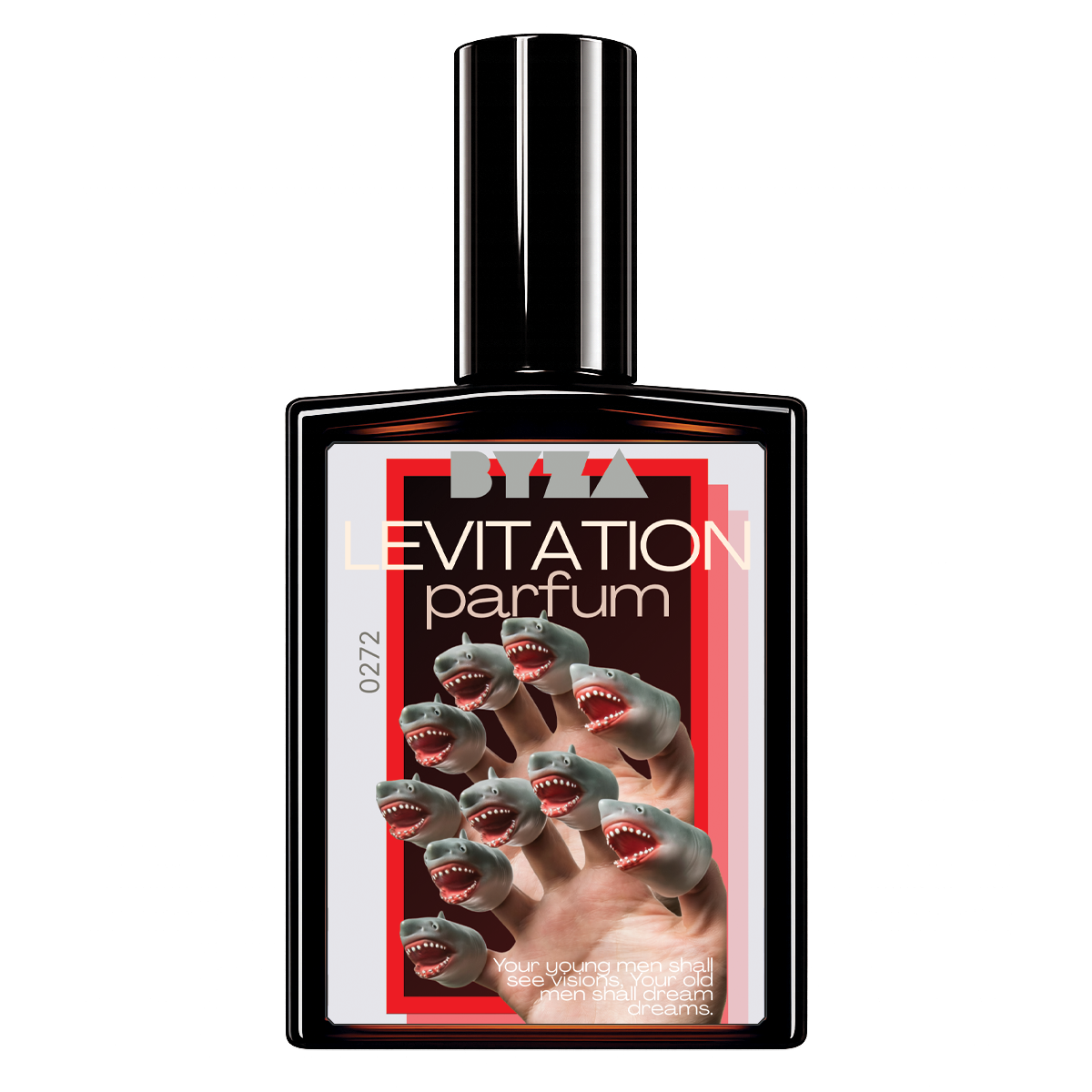 A perfume bottle with a black cap and a square black glass body, featuring a front label for 'levitation parfum' with shark illustrations and red graphic accents, on a plain white background.