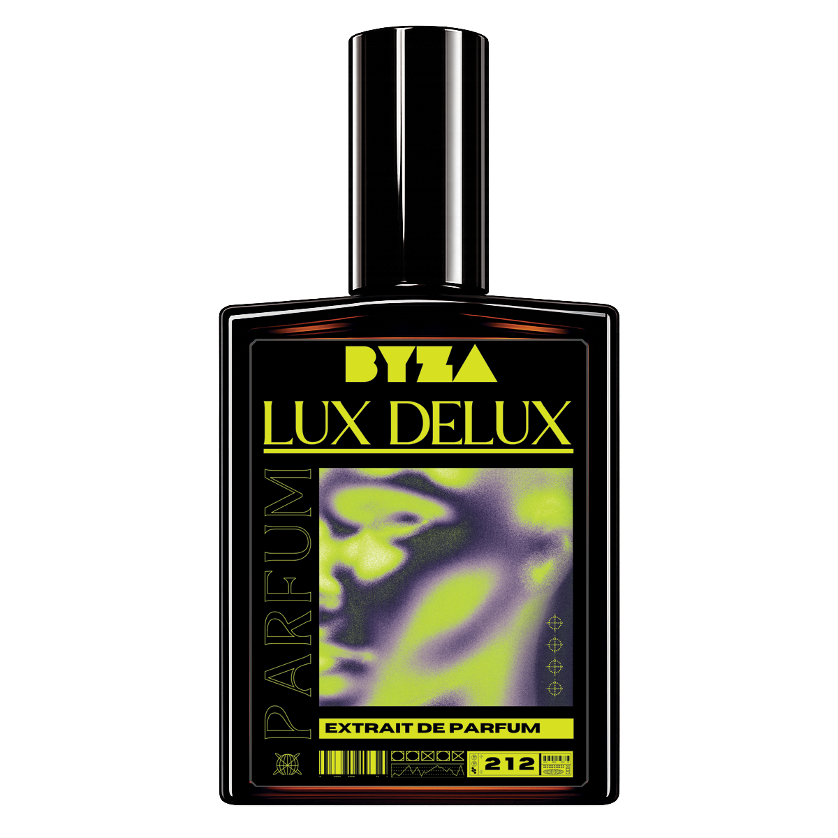 A bottle of Byza Lux Delux Extrait de Parfum, featuring a black rectangular glass bottle with a matching black cap. The label is primarily black with bold yellow text and a central graphic showing a green and purple abstract face.