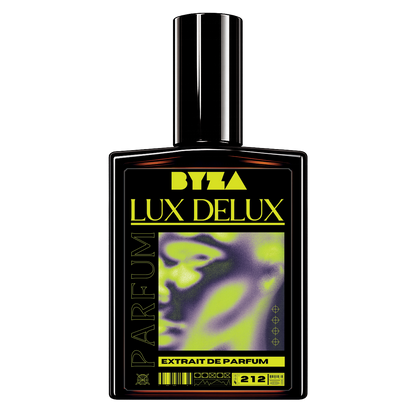 A bottle of Byza Lux Delux Extrait de Parfum, featuring a black rectangular glass bottle with a matching black cap. The label is primarily black with bold yellow text and a central graphic showing a green and purple abstract face.