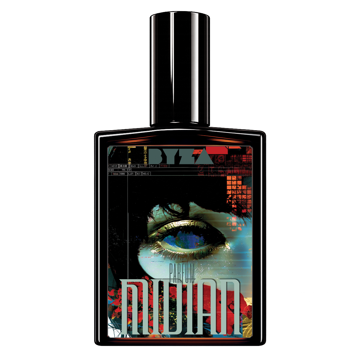 A rectangular black perfume bottle with a glossy cylindrical cap, featuring a highly detailed, colorful graphic label on the front. The label displays a stylized eye with blue and gold tones, red grid patterns, and the text 'BYZA' and 'PARFUM MIDIAN'.