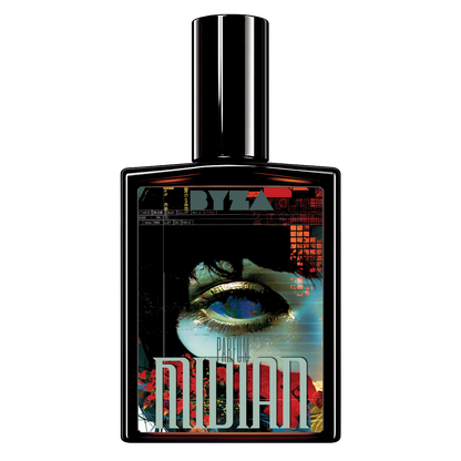 A rectangular black perfume bottle with a glossy cylindrical cap, featuring a highly detailed, colorful graphic label on the front. The label displays a stylized eye with blue and gold tones, red grid patterns, and the text 'BYZA' and 'PARFUM MIDIAN'.