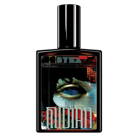 A rectangular black perfume bottle with a glossy cylindrical cap, featuring a highly detailed, colorful graphic label on the front. The label displays a stylized eye with blue and gold tones, red grid patterns, and the text 'BYZA' and 'PARFUM MIDIAN'.