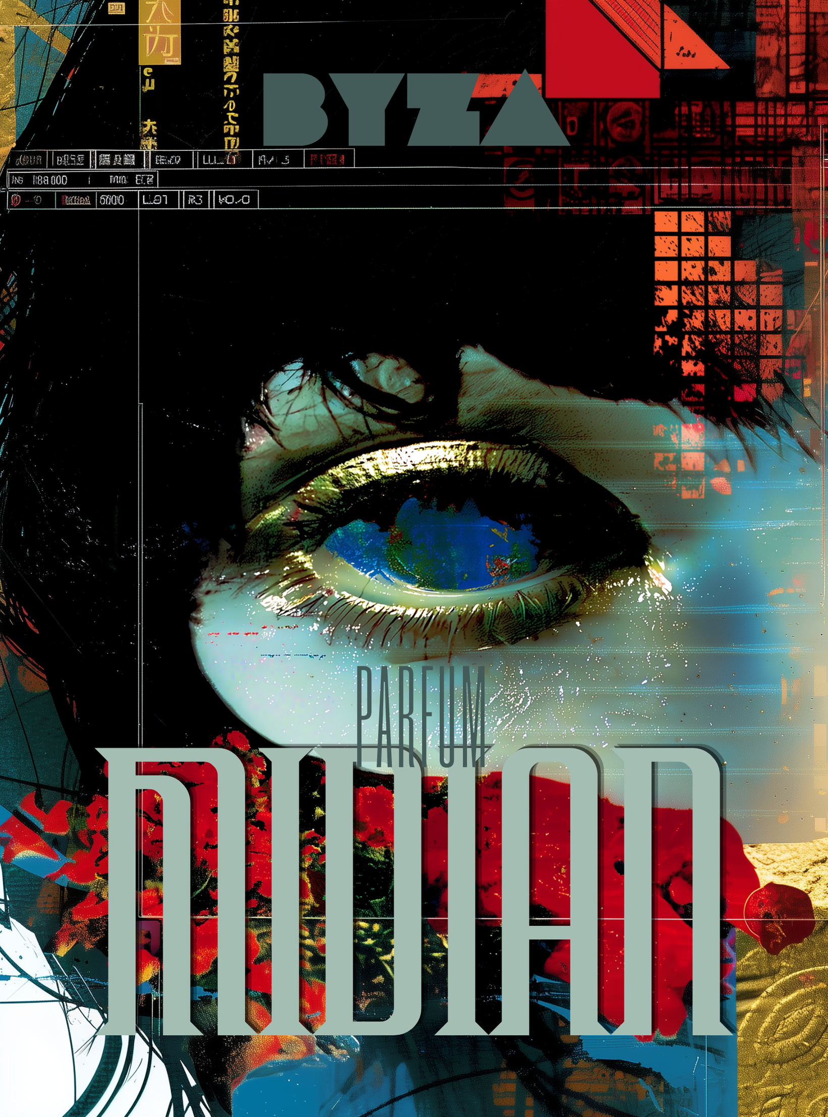 Artistic depiction of a stylized eye with digital and abstract elements, featuring the brand 'Byza'.