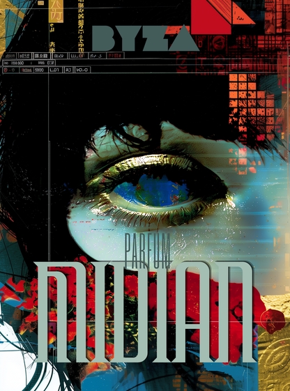 Artistic depiction of a stylized eye with digital and abstract elements, featuring the brand 'Byza'.