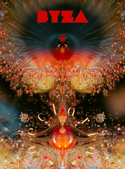 A symmetrical, highly stylized perfume-style graphic with the word 'BYZA' in large red letters at the top and decorative text reading 'eclat de PARFUM' near the bottom. The composition features abstract floral or feather-like forms in warm gold, orange, red, and amber tones against a dark, smoky background with glowing speckled details.