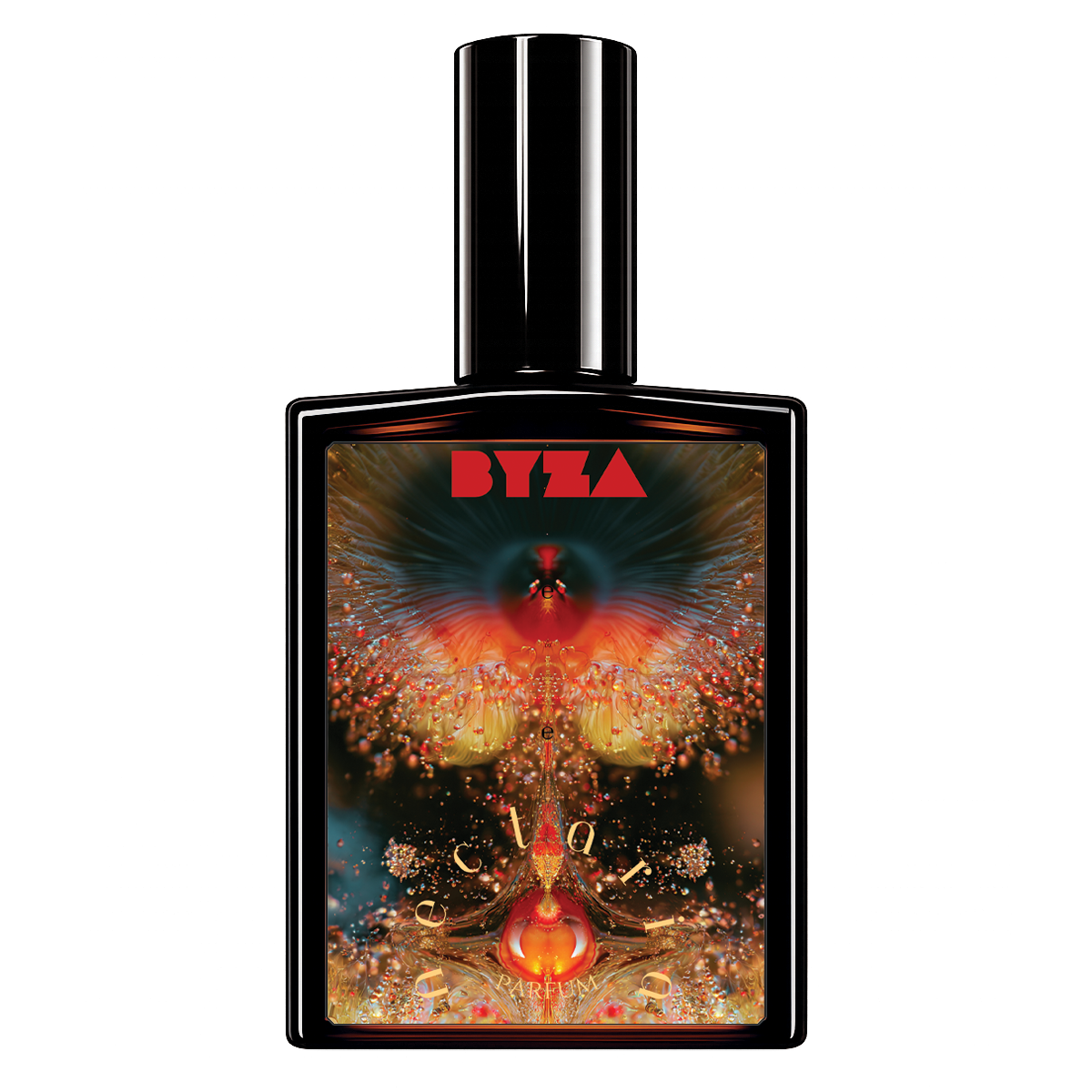 A rectangular perfume bottle with a glossy black cap and a vibrant, symmetrical psychedelic label featuring the brand name 'BYZA' in red at the top, set against a plain white background.