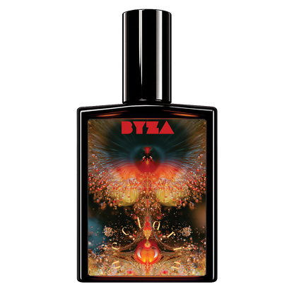 A rectangular perfume bottle with a glossy black cap and a vibrant, symmetrical psychedelic label featuring the brand name 'BYZA' in red at the top, set against a plain white background.