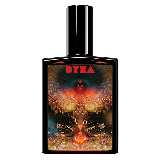 A rectangular perfume bottle with a glossy black cap and a vibrant, symmetrical psychedelic label featuring the brand name 'BYZA' in red at the top, set against a plain white background.