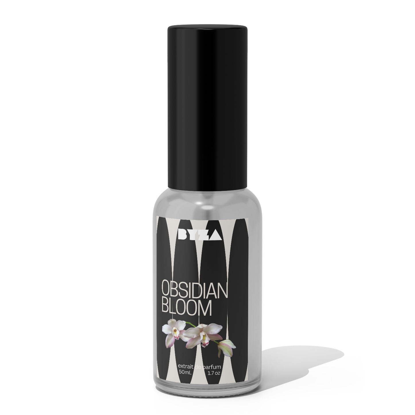 A bottle of Obsidian Bloom perfume with a black cap and a label featuring an image of a white flower.