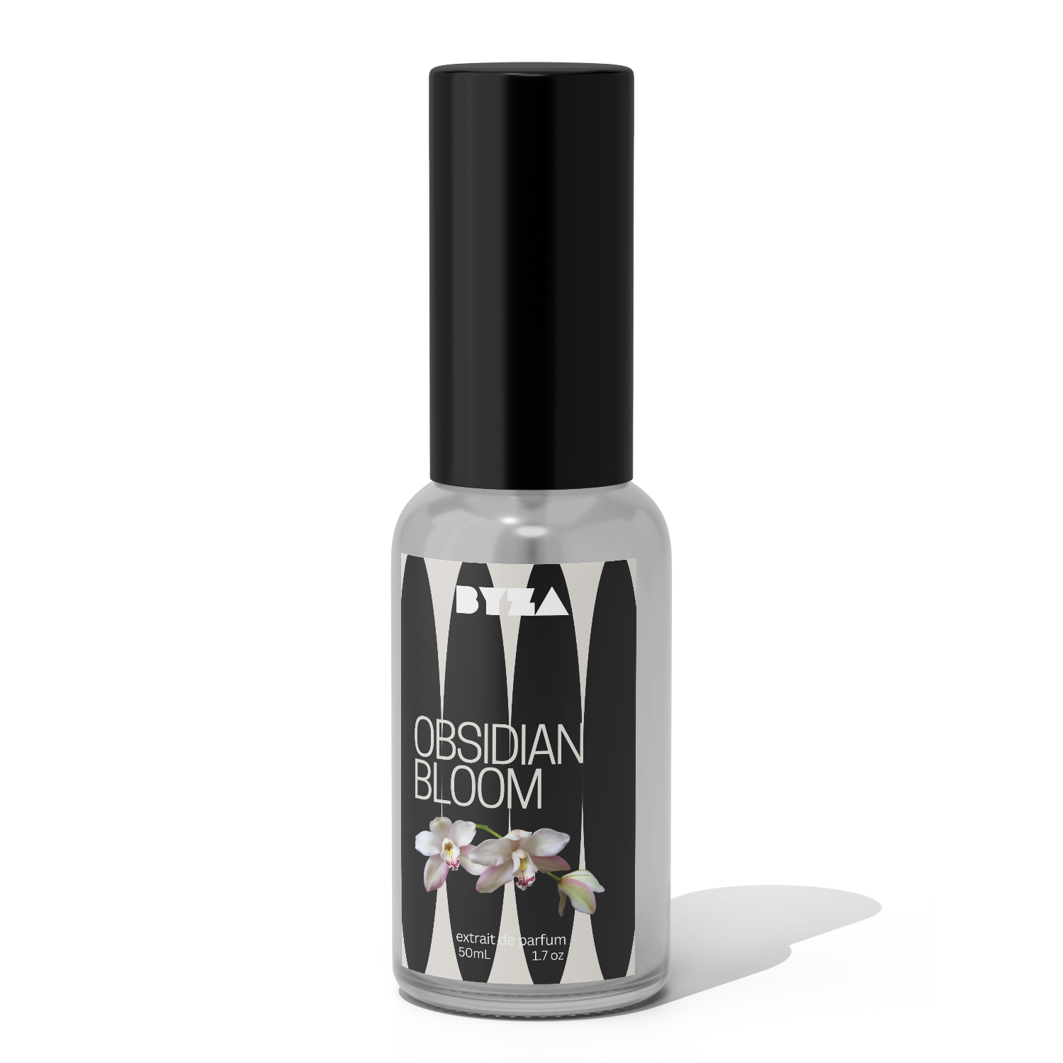A bottle of Obsidian Bloom perfume with a black cap and a label featuring an image of a white flower.