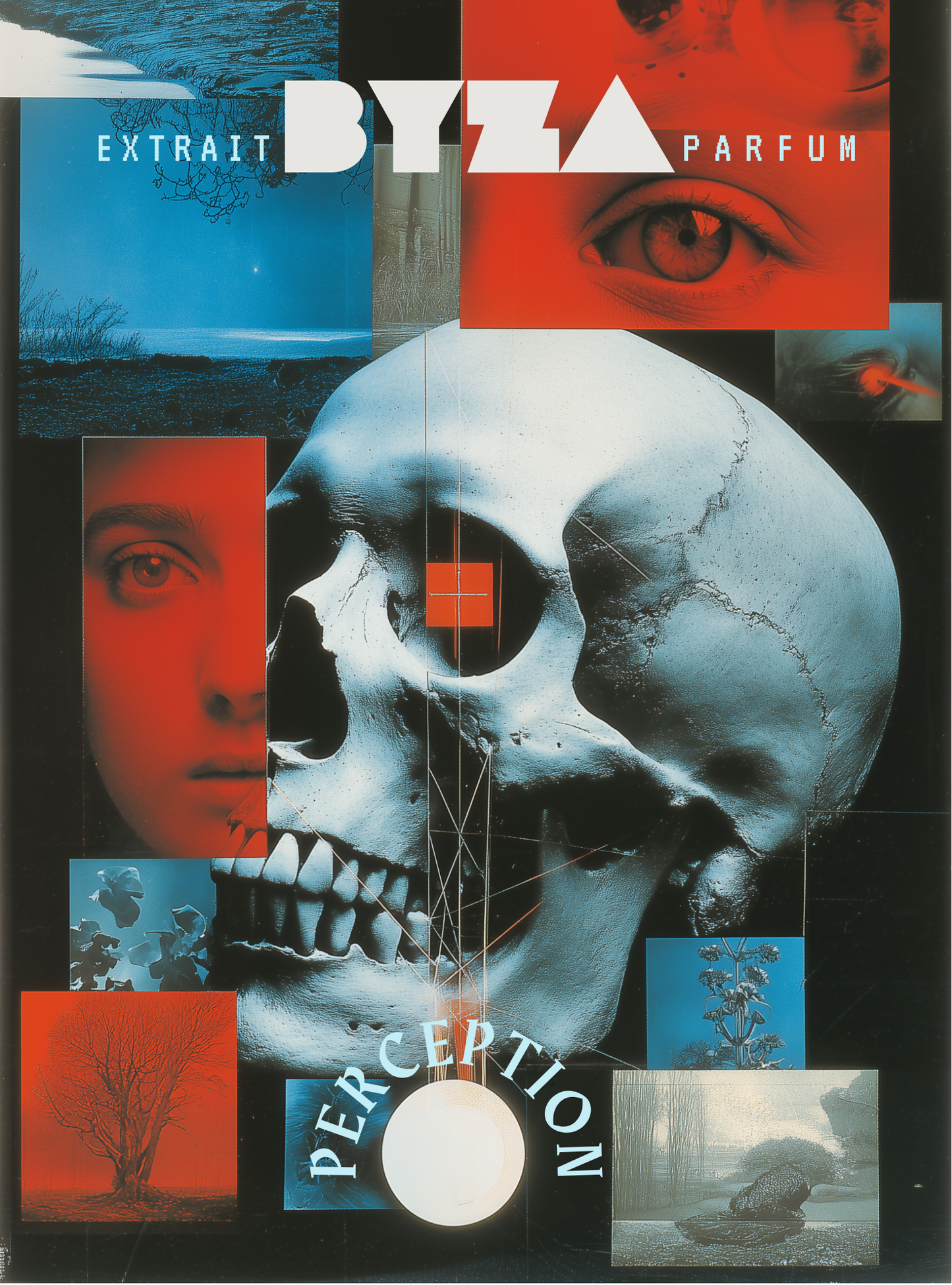 Byza Parfum PERCEPTION label featuring a central white skull on a black background with red and blue collage panels, including an eye, tree, and abstract landscape imagery.