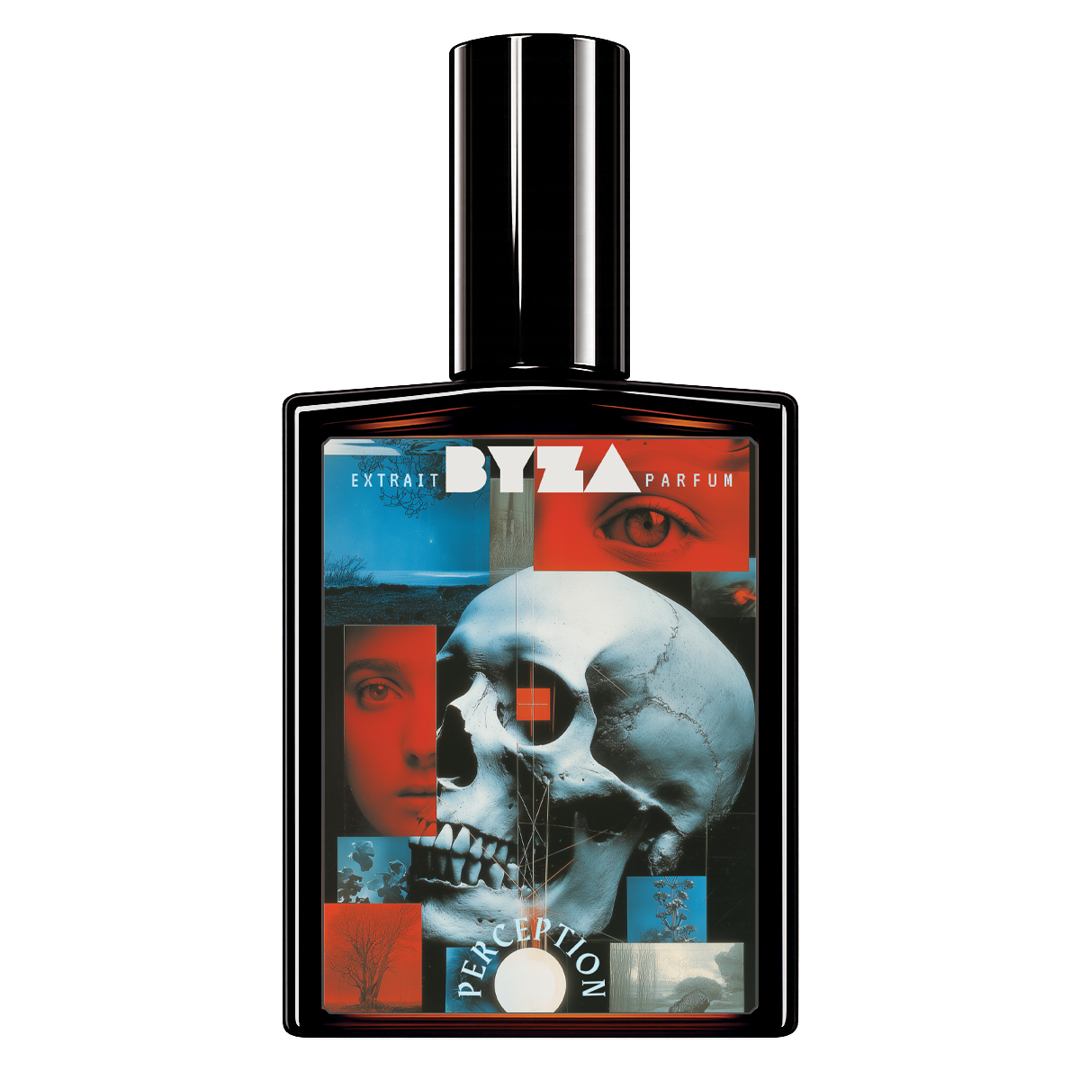 A bottle of BYZA Perception Perfume, featuring a black rectangular bottle with a glossy black cap and a colorful front label depicting a skull, eye, and faces in blue, red, and black.