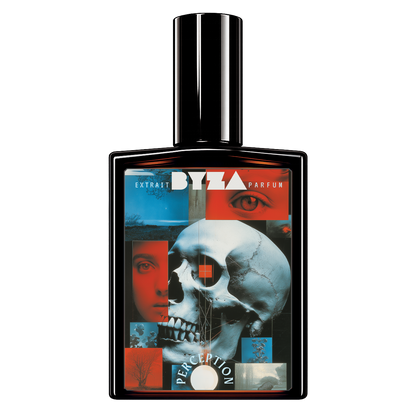 A bottle of BYZA Perception Perfume, featuring a black rectangular bottle with a glossy black cap and a colorful front label depicting a skull, eye, and faces in blue, red, and black.