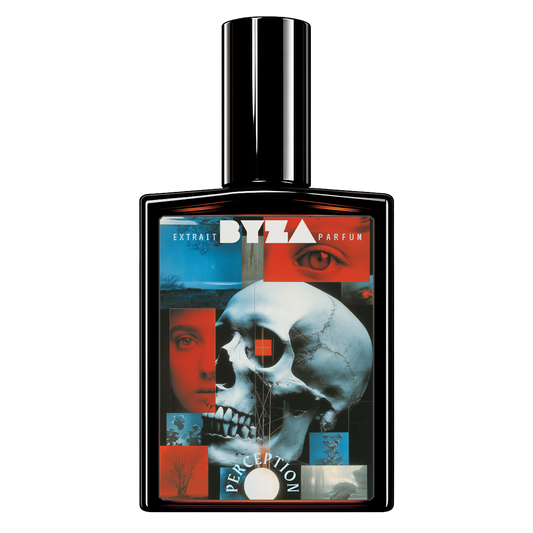 A bottle of BYZA Perception Perfume, featuring a black rectangular bottle with a glossy black cap and a colorful front label depicting a skull, eye, and faces in blue, red, and black.