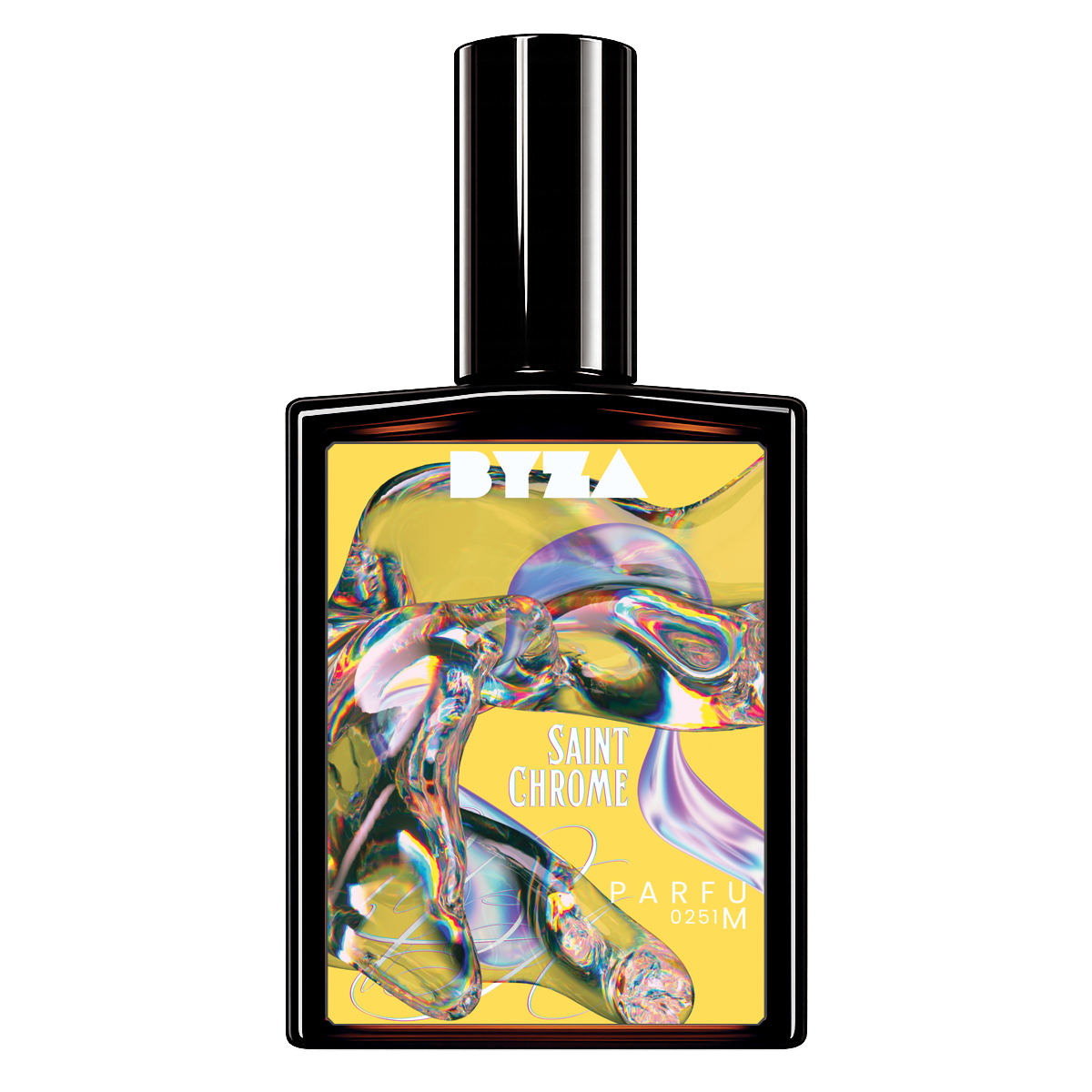 A rectangular perfume bottle with a glossy black cap and a vibrant yellow label featuring an abstract, iridescent chrome-like design. The BYZA logo is printed in white at the top of the label, and 'SAINT CHROME' is written in the center.