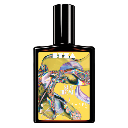 A rectangular perfume bottle with a glossy black cap and a vibrant yellow label featuring an abstract, iridescent chrome-like design. The BYZA logo is printed in white at the top of the label, and 'SAINT CHROME' is written in the center.