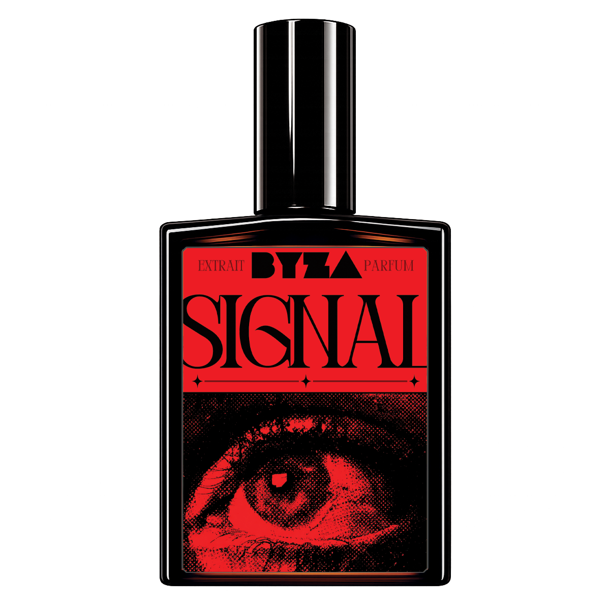A rectangular black perfume bottle with a glossy black cap, featuring a bold red and black label with the text 'BYZA PARFUM SIGNAL' and a stylized eye graphic, shown on a plain white background.
