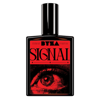 A rectangular black perfume bottle with a glossy black cap, featuring a bold red and black label with the text 'BYZA PARFUM SIGNAL' and a stylized eye graphic, shown on a plain white background.