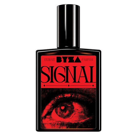 A rectangular black perfume bottle with a glossy black cap, featuring a bold red and black label with the text 'BYZA PARFUM SIGNAL' and a stylized eye graphic, shown on a plain white background.