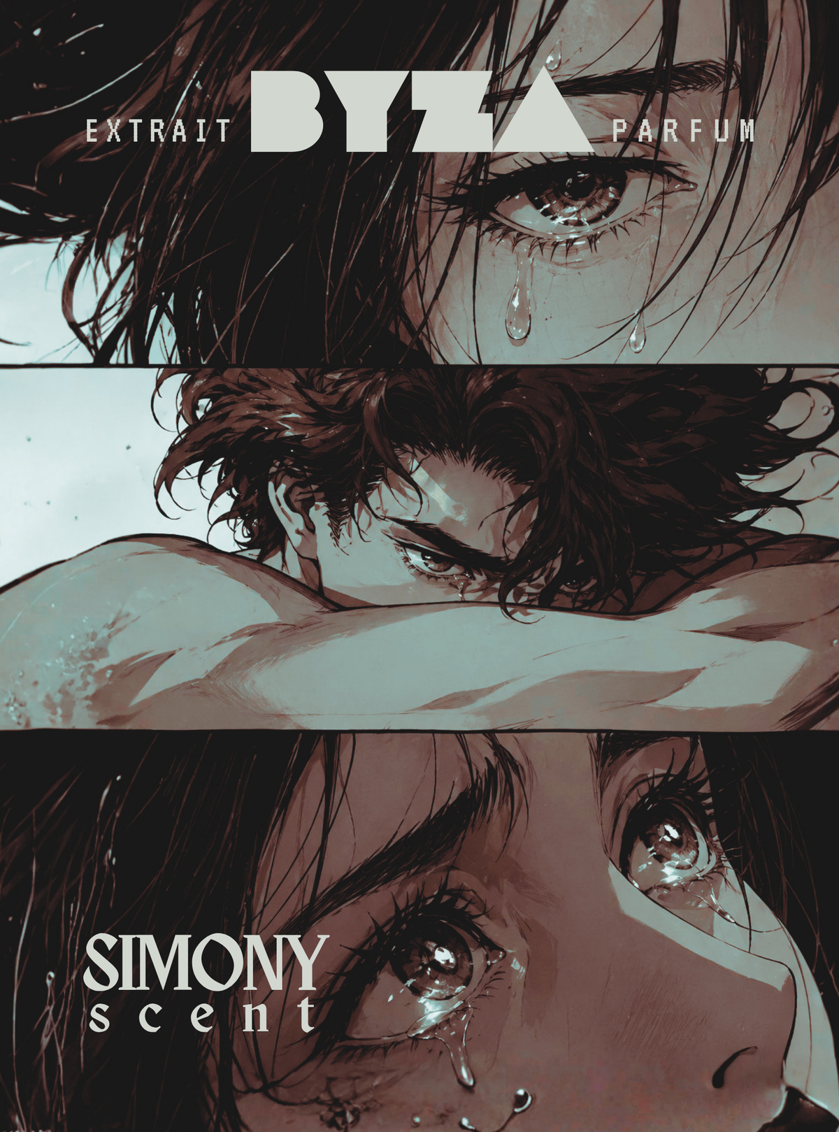 Three horizontal panels show an illustrated close-up of a crying person's face and hair in muted brown, beige, and black tones. Text at the top reads 'EXTRAIT BYZA PARFUM' and text at the bottom reads 'SIMONY scent'.