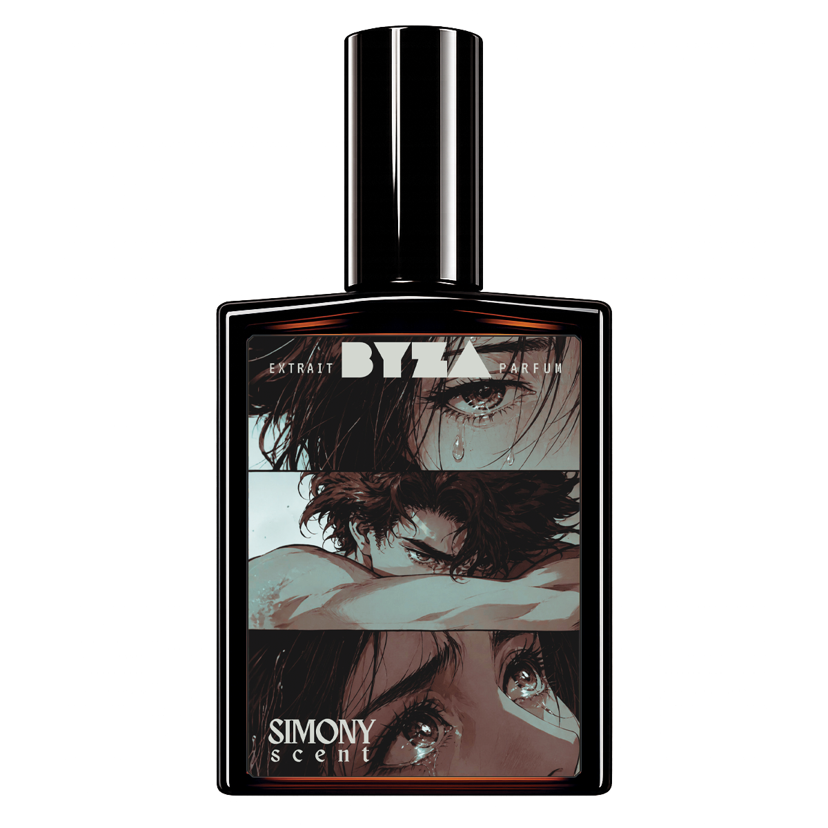 A rectangular perfume bottle with a glossy black cap and black frame, featuring three anime-style illustrated faces on the front label. The label reads 'EXTRAIT BYZA PARFUM' and 'SIMONY SCENT'.