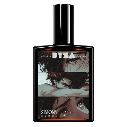 A rectangular perfume bottle with a glossy black cap and black frame, featuring three anime-style illustrated faces on the front label. The label reads 'EXTRAIT BYZA PARFUM' and 'SIMONY SCENT'.