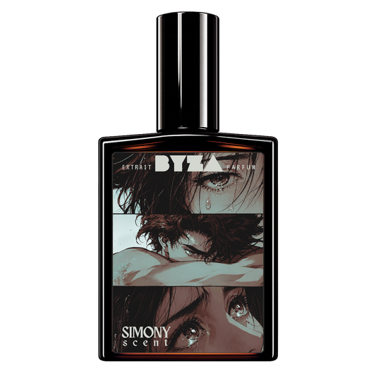 A rectangular perfume bottle with a glossy black cap and black frame, featuring three anime-style illustrated faces on the front label. The label reads 'EXTRAIT BYZA PARFUM' and 'SIMONY SCENT'.