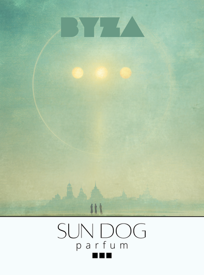 Advertisement for BYZA Sun Dog parfum with a mystical design of a sun and people in the distance.