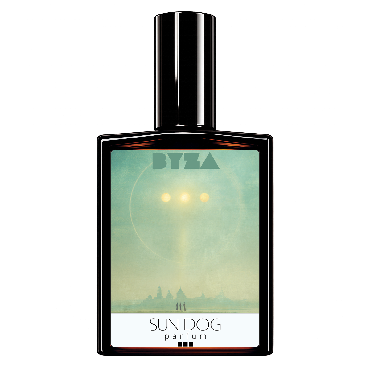 A rectangular perfume bottle with a glossy black cap and a front label reading 'BYZA' and 'SUN DOG parfum'. The label artwork shows a pale teal sky with a bright sun and a silhouetted city skyline.