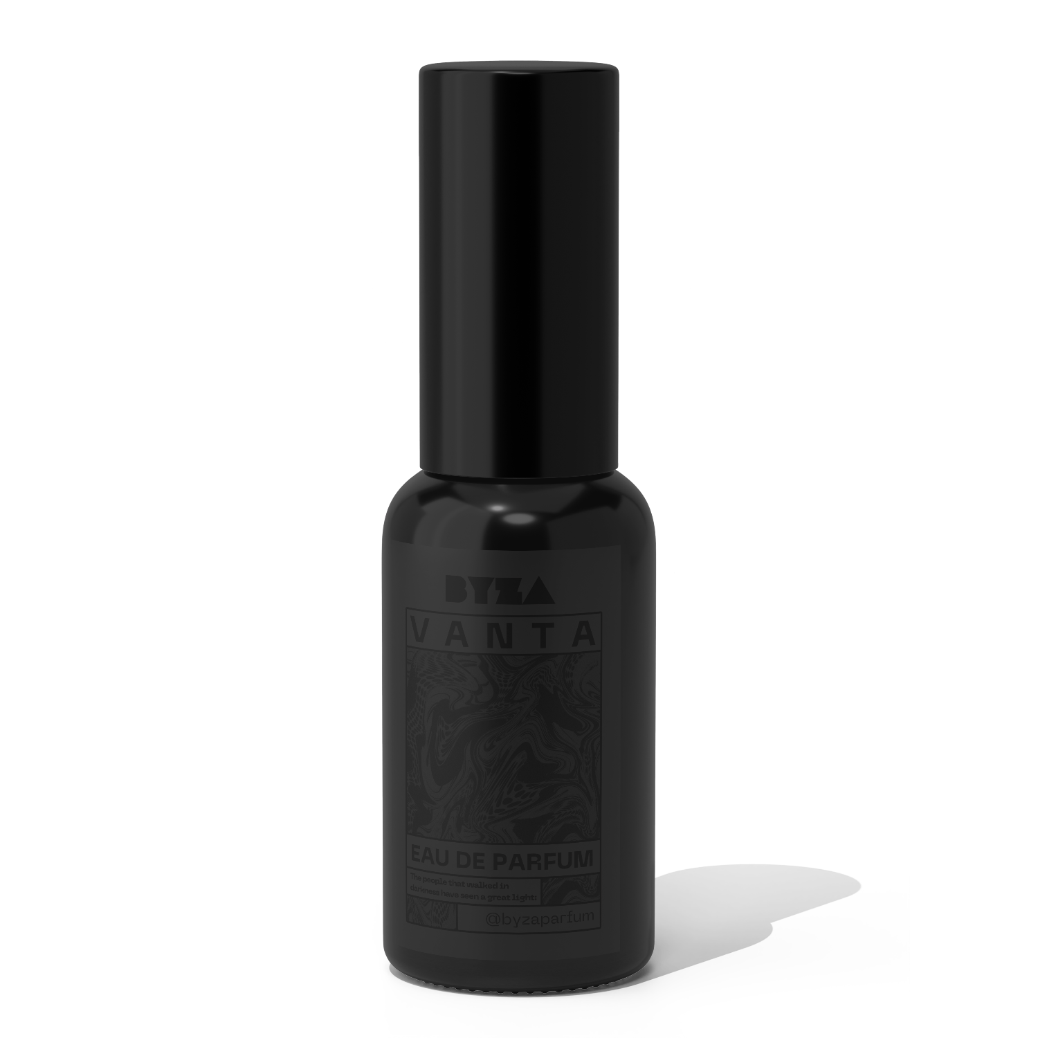 Black perfume bottle labeled 'Vanta' on a white background