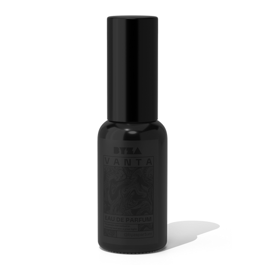 Black perfume bottle labeled 'Vanta' on a white background