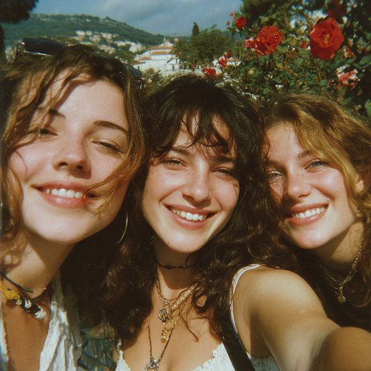 Three friends taking a selfie outdoors with flowers in the background