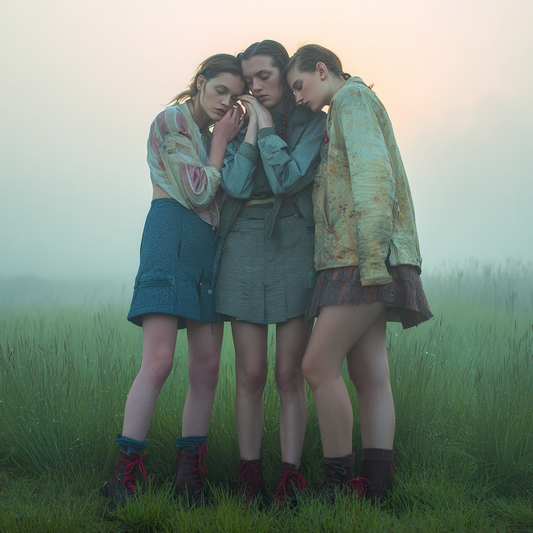 Three women standing close together in a grassy field with a misty background
