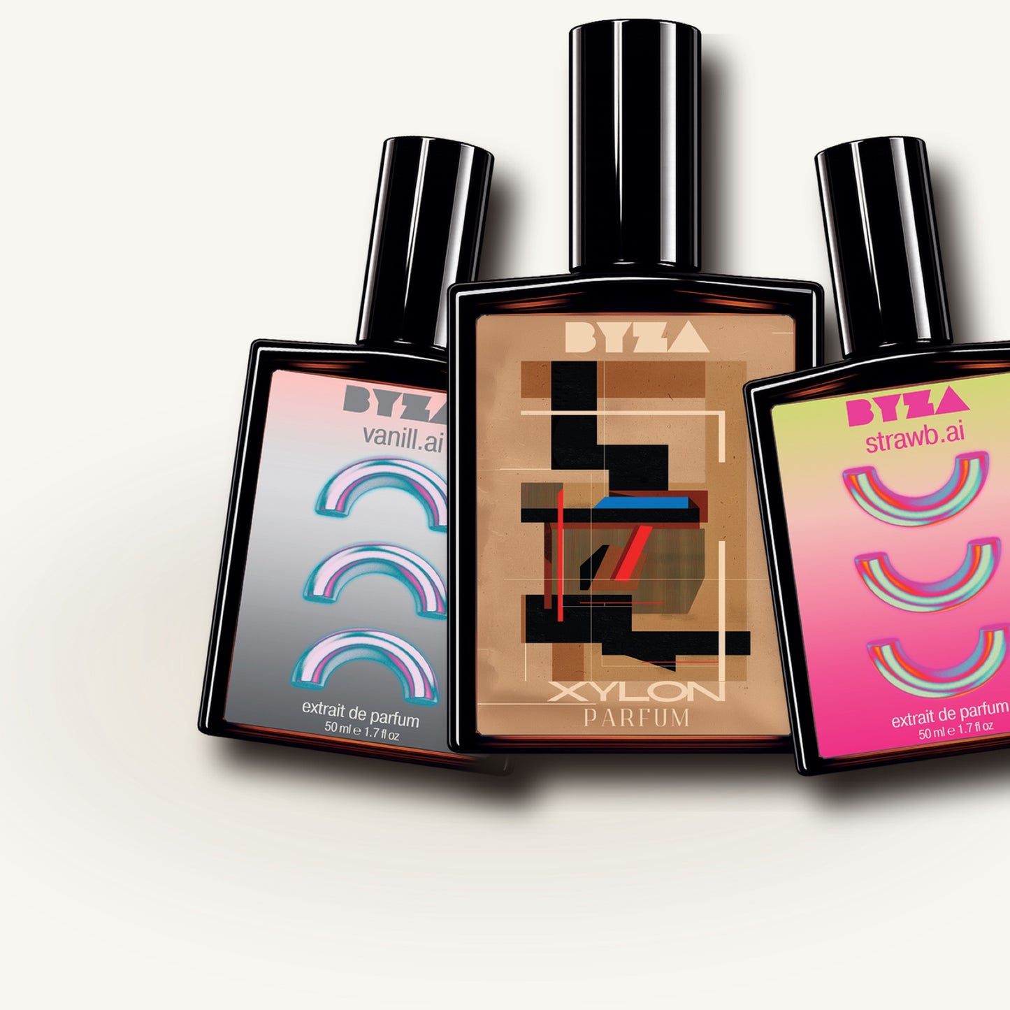 Three BYZA perfume bottles with colorful labels on a white background