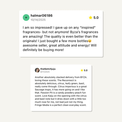 Two reviews for BYZA fragrances on a light gray background