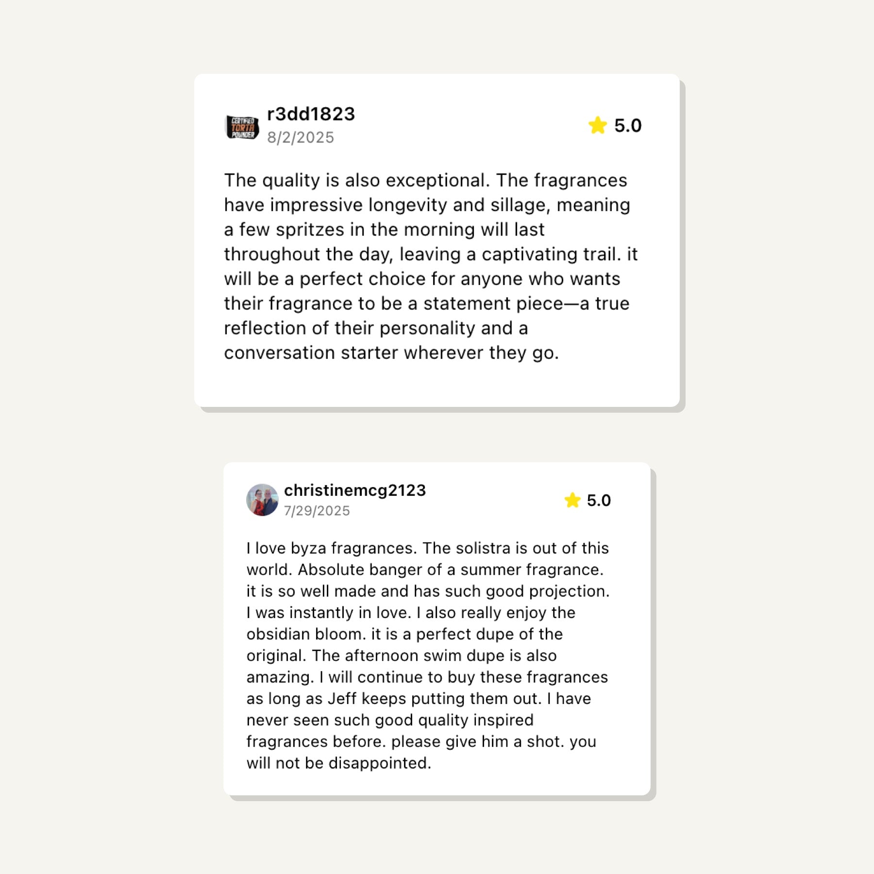 Two product reviews with star ratings on a light gray background