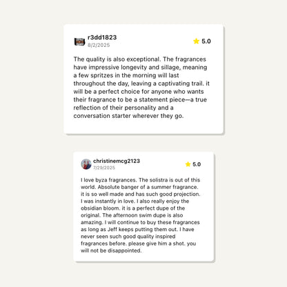 Two product reviews with star ratings on a light gray background