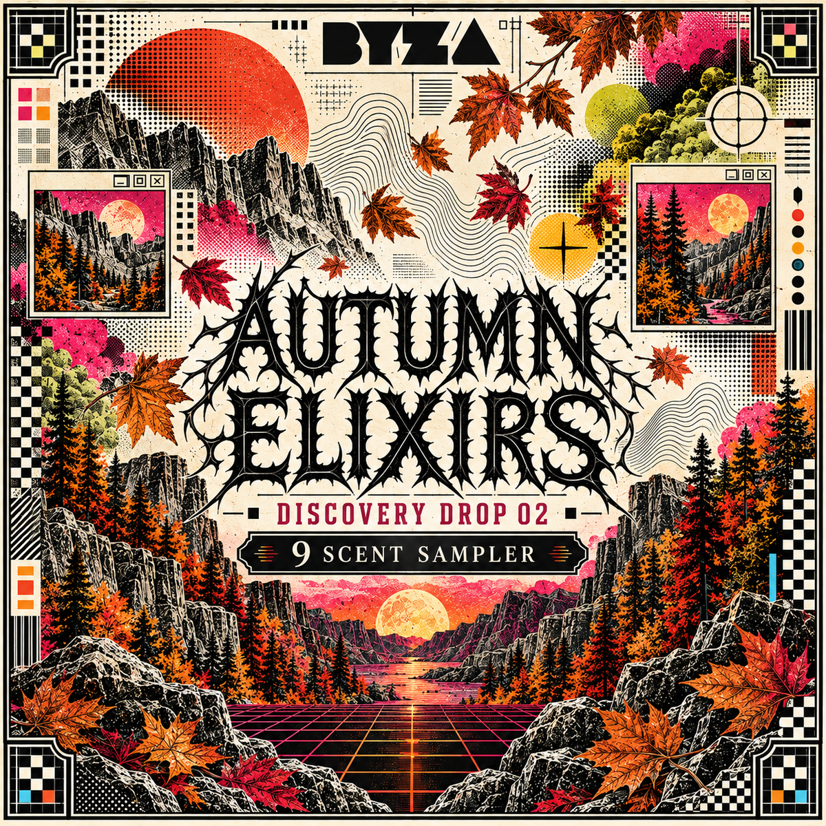 A highly detailed, retro-futuristic digital cover art for 'Autumn Elixirs Discovery Drop 02 - 9 Scent Sampler'. The design features a complex collage of autumn landscapes, falling leaves, a large red sun, and retro tech UI elements in a warm palette of orange, pink, red, and beige.