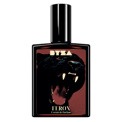 BYZA Ferōx parfum bottle, fragrance inspired by Guerlain Cuir Intense