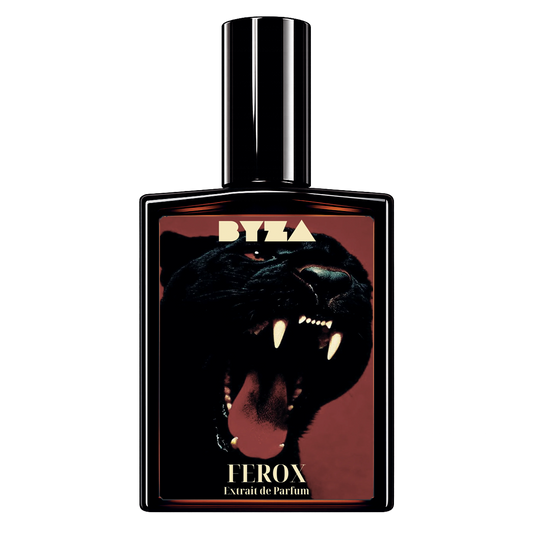 BYZA Ferōx parfum bottle, fragrance inspired by Guerlain Cuir Intense