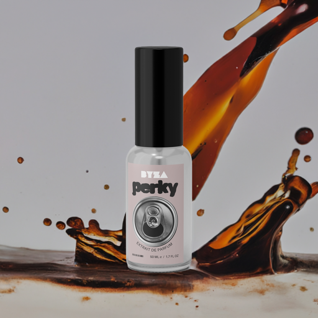 Perky perfume inspired by Dr Pepper fragrance bottle with soda backsplash background