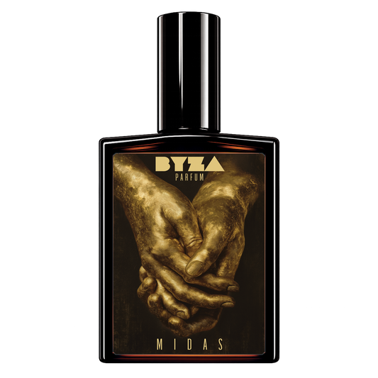 BYZA Midas parfum bottle, fragrance inspired by JPG Le Male Elixir