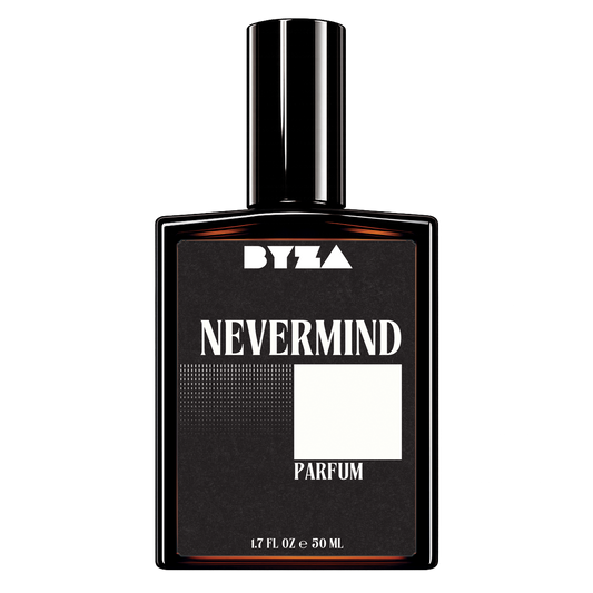 BYZA Nevermind parfum bottle, fragrance inspired by Phlur Heavy Cream